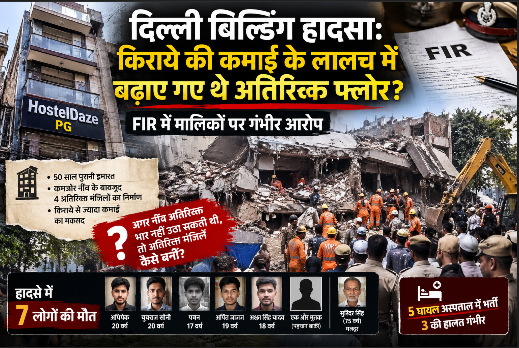 दिल्ली बिल्डिंग हादसा: किराये की कमाई के लालच में बढ़ाए गए थे अतिरिक्त फ्लोर? FIR में मालिकों पर गंभीर आरोप