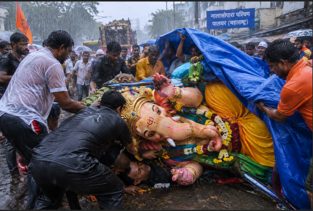 महाराष्ट्र में बारिश के बीच गणेश प्रतिमा गिरी, कई श्रद्धालु नीचे दबे; मची अफरा-तफरी