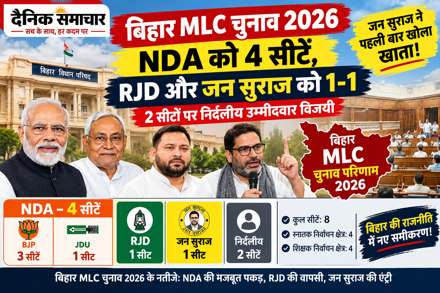 Bihar MLC Election Result 2026: NDA को 4 सीटें, RJD और जन सुराज को 1-1
